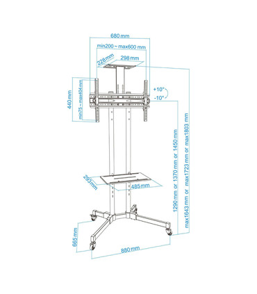 Soporte de Suelo para Pantallas de 37" a 70", Inclinable, Rotatorio, Ruedas con Bloqueo, Regulable, soporta hasta 50kg, VESA