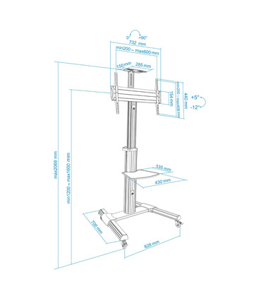 Soporte de Suelo para Pantallas de 37" a 70", Inclinable, Rotatorio, Ruedas con Bloqueo, Regulable, soporta hasta 50kg, VESA