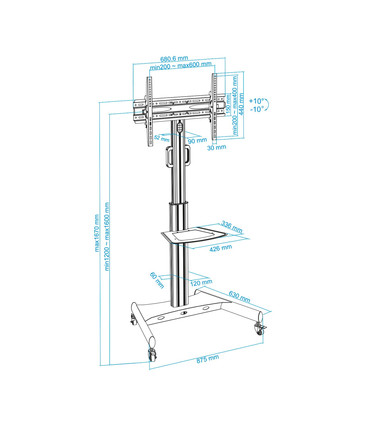 Soporte de Suelo para Pantallas de 32" a 65", Inclinable, Ruedas con Bloqueo, Regulable Alto/Ancho, soporta hasta 35kg, VESA