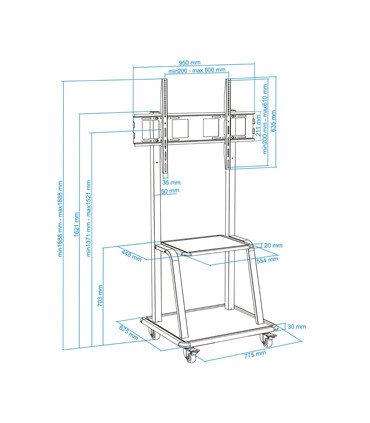 Soporte de Suelo para Pantallas de 37" a 100", Ruedas con Bloqueo, Regulable Alto/Ancho, 2 Bandejas, soporta hasta 150kg, VESA