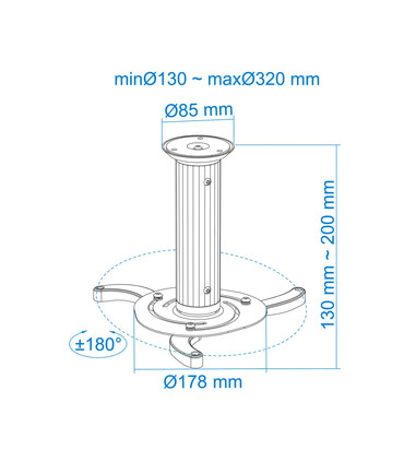 Soporte de Techo para Proyectores, Extensible, Rotatorio, Inclinable, soporta hasta 10kg, Altura de 130-200mm