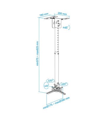 Soporte de Techo para Proyectores, Extensible, Rotatorio, Inclinable, Techos Inclinados, soporta hasta 20kg, Altura de 575-825mm