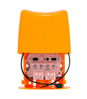 Amplificador Mástil de 3 entradas y 1 salida (UHF-FI-VHF), 12-24V, 29dB, Filtro 5G, Conexión EasyF, IP23, USOS, Televés Nanokom