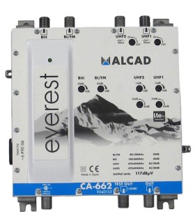 Central de Banda Ancha de 4 entradas y 1 salida (2xUHF-DAB-FM), 24V, 45/30dB, Filtro 5G, IP20, Conectores F, Alcad Everest