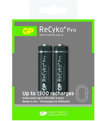 Pilas Recargables AA de 2000mAh, Ni-MH, 1.2V, Precargadas de fábrica, 1500 Recargas, GP Recyko Pro