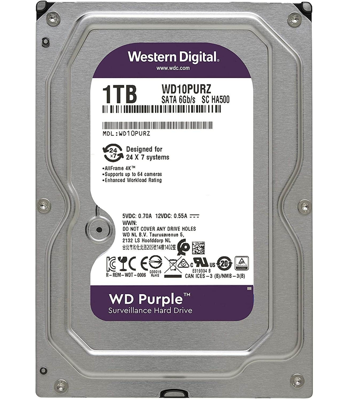 compacto Adjunto archivo Imperio Disco Duro 3.5" de 1TB Especial para CCTV, Conexión SATA 6Gb/s, 5400 rpm,  Soporta hasta 64 Cámaras, WD Purple Surveillance