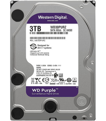 Disco Duro 3.5" de 3TB Especial para CCTV, Conexión SATA 6Gb/s, 5400 rpm, Soporta hasta 64 Cámaras, WD Purple Surveillance