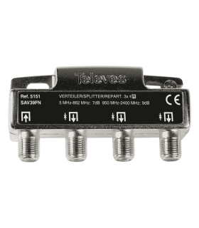 Repartidor de 3 salidas, SMATV (TDT+SAT) 5-2400MHz, 7-9dB, Conectores tipo F, Televés