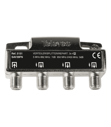 Repartidor de 3 salidas, SMATV (TDT+SAT) 5-2400MHz, 7-9dB, Conectores tipo F, Televés