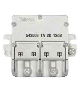 Mini Derivador de 2 Salidas para TDT/SAT, Derivación 14/12dB, Planta1, Conexión EasyF, Paso DC, Tornillo a Tierra, Televés