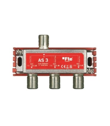 Repartidor de 3S para TDT/SAT 5-2400MHz, Atenuación 6.5/10.5dB, Conectores tipo F, Paso DC, FTE AS3