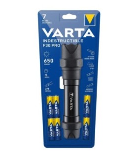 Linterna XL Indestructible IP67 IK08, 650lm, 279m, 228x55mm, Cuerpo de Aluminio Anodizado y Goma, Pilas Incluidas, Varta F30Pro
