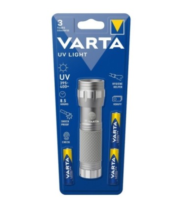 Linterna con Luz Ultra Violeta UV-A 395-400nm, 14Leds, Carcasa de aluminio, 118x33mm, Pilas Incluidas, Varta