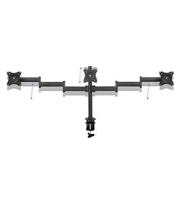 Soporte de Mesa para 3 Pantallas de 13" a 27", Giratorio (8 pivotes), Inclinable, Rotatorio 360º, Ajustable, soporta 8kg/brazo