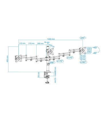 Soporte de Mesa para 3 Pantallas de 13" a 27", Giratorio (8 pivotes), Inclinable, Rotatorio 360º, Ajustable, soporta 8kg/brazo