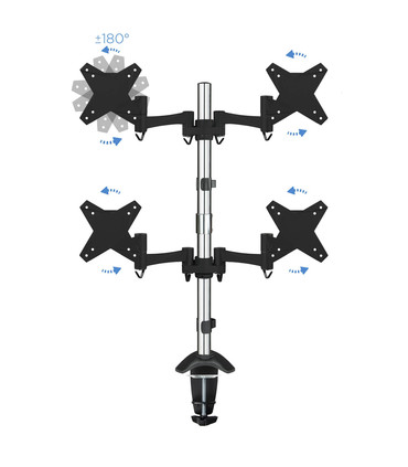 Soporte de Mesa para 4 Pantallas de 13" a 27", Giratorio (12 pivotes), Inclinable, Rotatorio, Ajustable, soporta 8kg/brazo, VESA