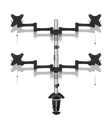 Soporte de Mesa para 4 Pantallas de 13" a 27", Giratorio (12 pivotes), Inclinable, Rotatorio, Ajustable, soporta 8kg/brazo, VESA