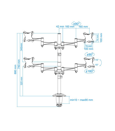 Soporte de Mesa para 4 Pantallas de 13" a 27", Giratorio (12 pivotes), Inclinable, Rotatorio, Ajustable, soporta 8kg/brazo, VESA