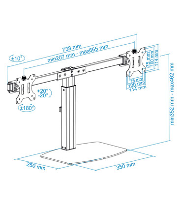 Soporte de Mesa para 2 Pantallas de 17" a 27", Giratorio (2 pivotes), Inclinable, Rotatorio, Ajustable, soporta hasta 6kg/brazo