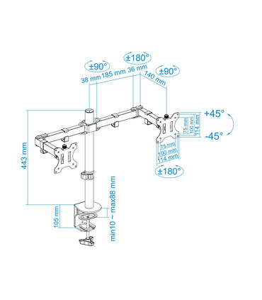 Soporte de Mesa para 2 Pantallas de 13" a 32", Giratorio (8 pivotes), Inclinable, Rotatorio, Ajustable, soporta 8kg/brazo, VESA