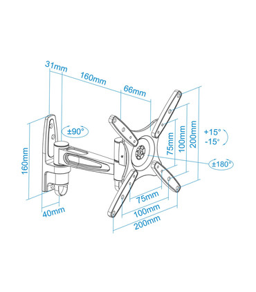 Soporte de Pared para Pantallas de 13" a 42", Giratorio (2 pivotes), Inclinable, Rotatorio, soporta hasta 20kg, soporta VESA