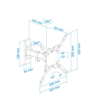 Soporte de Pared para Pantallas de 13" a 42", Giratorio (2 pivotes), Inclinable, soporta hasta 20kg, compatible con VESA