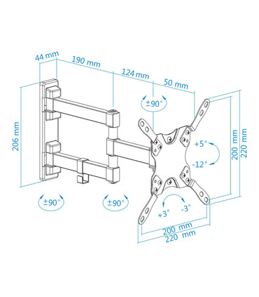 Soporte de Pared para Pantallas de 13" a 42", Giratorio (3 pivotes), Inclinable, soporta hasta 20kg, compatible con VESA