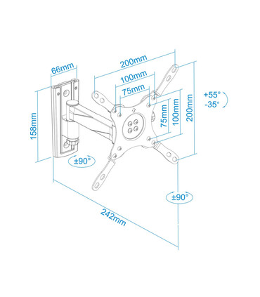 Soporte de Pared para Pantallas de 13" a 42", Giratorio (2 pivotes), Inclinable, soporta hasta 15kg, compatible con VESA