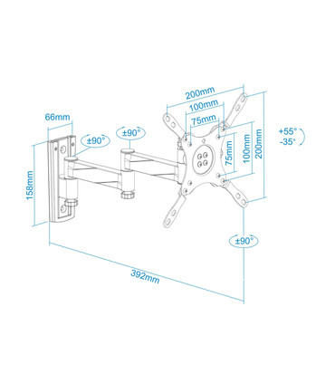 Soporte de Pared para Pantallas de 13" a 42", Giratorio (3 pivotes), Inclinable, soporta hasta 15kg, compatible con VESA