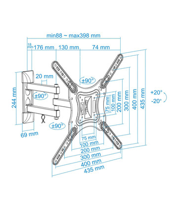 Soporte de Pared para Pantallas de 23" a 55", Giratorio (3 pivotes), Inclinable, soporta hasta 30kg, compatible con VESA