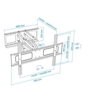 Soporte de Pared para Pantallas de 37" a 70", Giratorio (6 pivotes), Inclinable, soporta hasta 50kg, compatible con VESA
