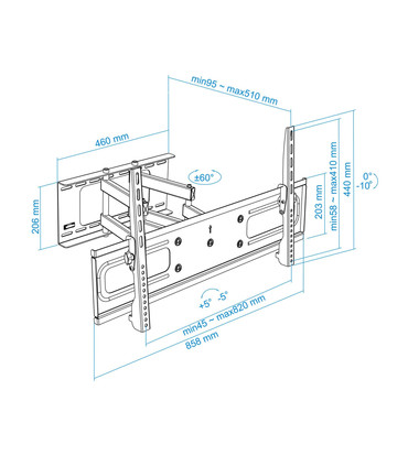Soporte de Pared para Pantallas de 37" a 70", Giratorio (6 pivotes), Inclinable, con Nivel de Burbuja, soporta 60kg y VESA